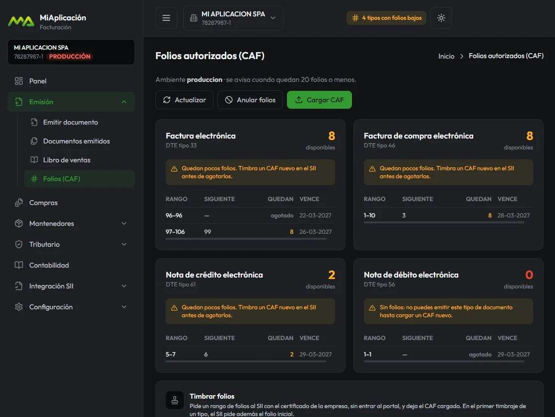 Panel de MiAplicación Facturación: folios autorizados por tipo de documento, con alertas de folios bajos y la opción de timbrar folios