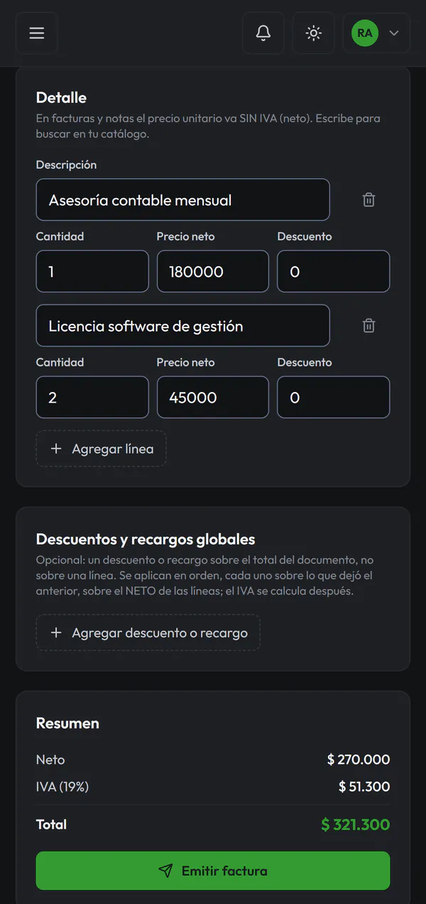 Emisión de una factura electrónica en la app de MiAplicación para Android, con el detalle de los productos, el neto, el IVA y el total